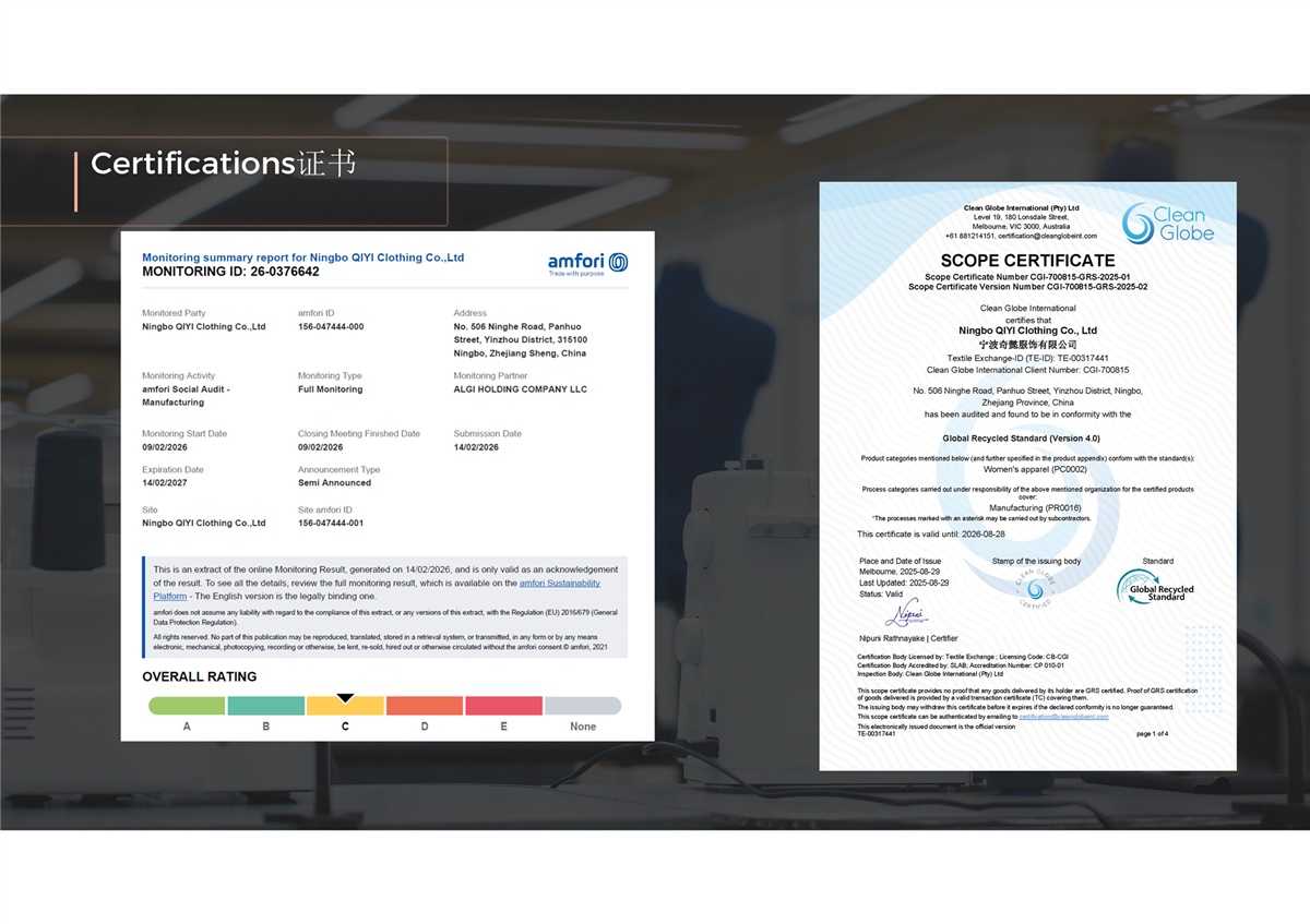 CERTIFICATION-NINGBO QIYI CLOTHING
